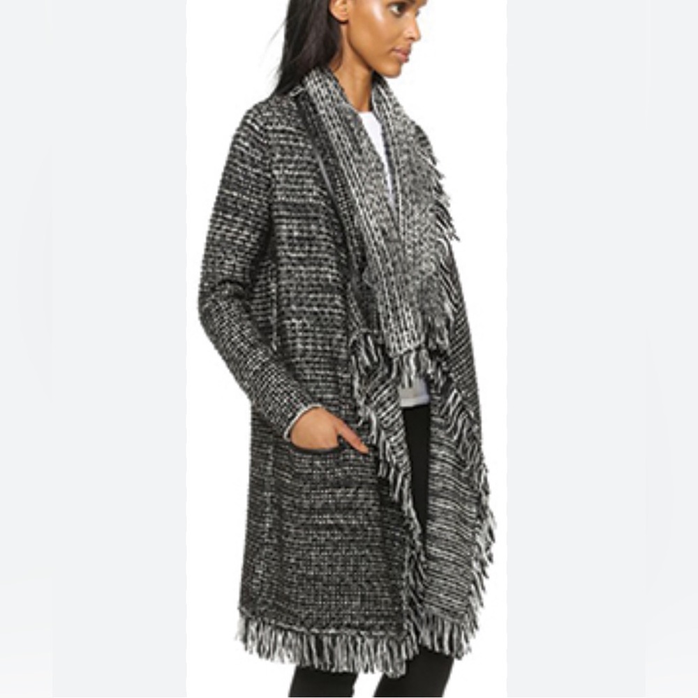 VINCE FRAYED EDGE DRAPE FRONT CARDIGAN BLACK WOOL-BLEND SIZE SMALL